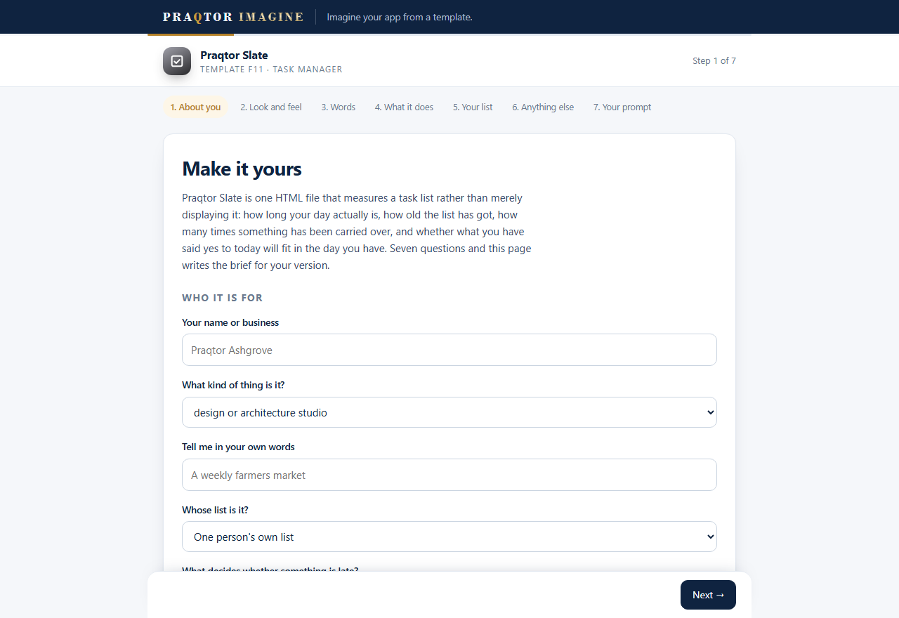 The customizer wizard, step one of seven
